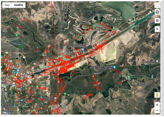 Drone Flight Paths Depicted with Red Lines in Vicinity of the POB (Courtesy Aerial Armor, a Dedrone Company) 