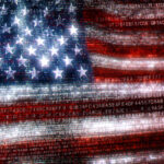 The USA in the digital world of binary and hex code. Concept 3D Illustration of Stars and Stripes banner in computer code depicting the modern challenges of internet and American matters in cyberspace