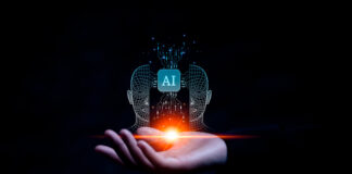 Business hand holding AI icon to digital marketing strategy idea ,target of investment growth, chatbot application software futuristic technology ,business of AI artificial intelligence innovation.