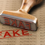 Rubber stamp and word fake printed on a paper background with the repeated text authentic. Concept of counterfeit or plagiarism. 3D illustration.