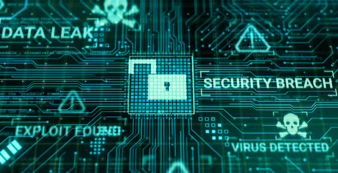 Hacker attack computer hardware microchip while process data through internet network, 3d rendering insecure Cyber Security exploit database breach concept, virus malware unlock warning screen