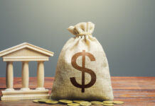 Dollar money bag and bank / government building. Tax collection and budgeting. State debt. GDP and GNP. Lending loans, placing deposits. Monetary policy. Support businesses in times of crisis.