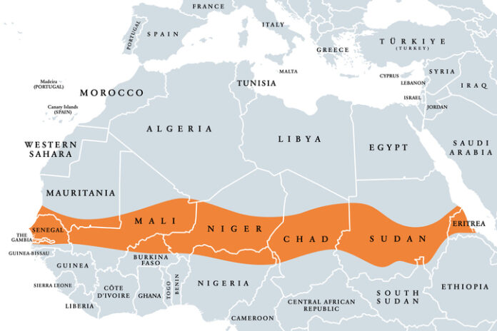 The Sahel, a region in Africa, political map. Ecoclimatic and biogeographic realm of transition between the Sahara to the north and the Sudanian savanna to the south, having a hot semi-arid climate.
