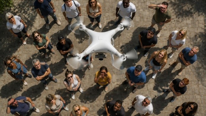 drone, crowd, people
